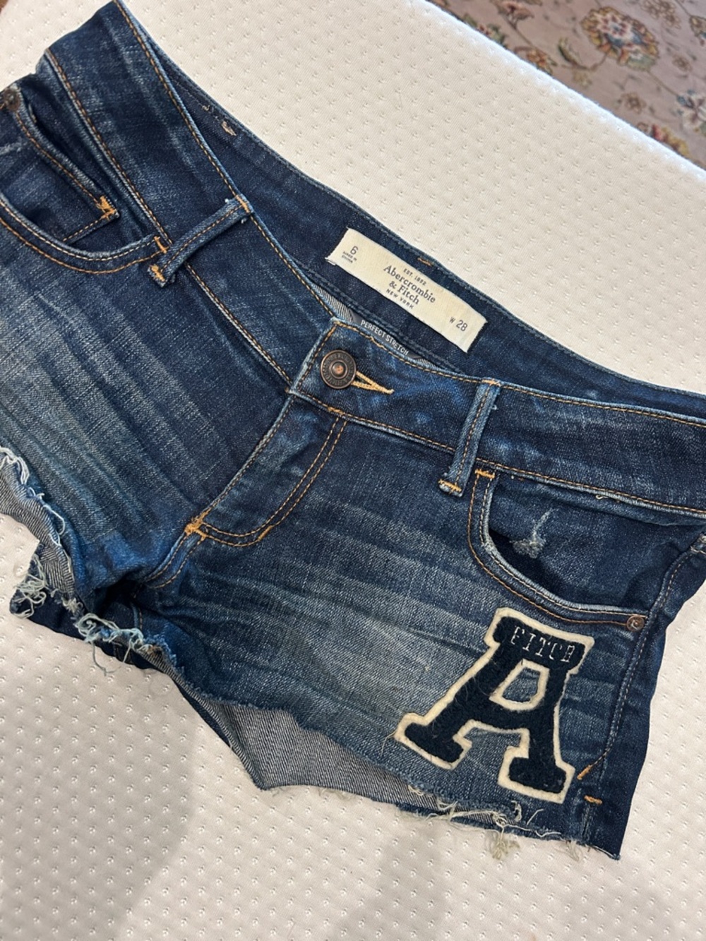 Abercrombie & Fitch Dark Blue Distressed Denim Cutoff Shorts with 'A' Patch-28 W